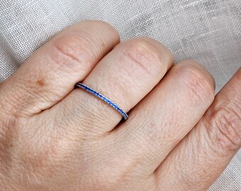 1mm Dainty Blue Sapphire CZ Pave Full Eternity Band Ring, Super Minimalist Thin Delicate 925 Silver Ring, Dainty September Birthstone