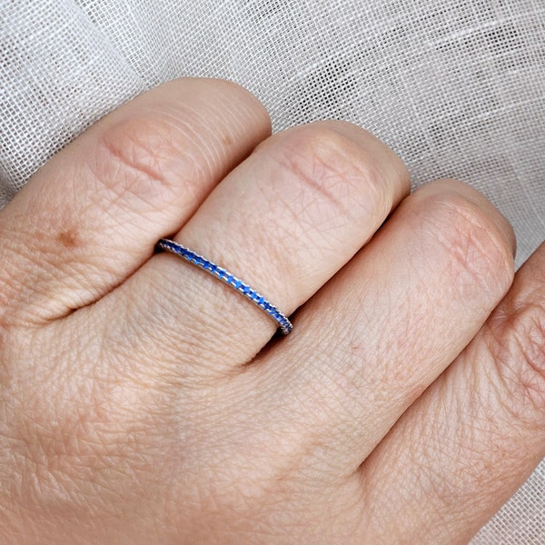 1mm Dainty Blue Sapphire CZ Pave Full Eternity Band Ring, Super Minimalist Thin Delicate 925 Silver Ring, Dainty September Birthstone