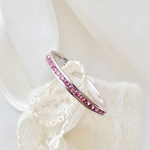 Dainty 2mm July Birthstone Ruby CZ Channel Full Eternity Band Ring, Minimalist Red 925 Silver Ring Red Eternity Stackable Band July Birthday