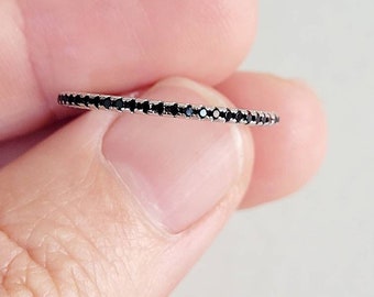 Thin Black Onyx Stacking Ring, 1mm Minimalist Band, 925 Sterling Silver Dainty Ring, Everyday Jewelry, Handmade Gift for Her