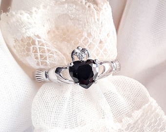 Black Onyx Heart Ring, Irish Traditional Ring, Celtic Claddagh Ring, Onyx CZ Claddagh Ring, 9mm Sterling Silver Ring with Black Solitaire