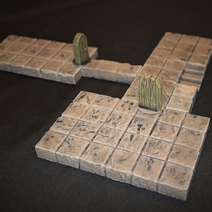 Peut inclure: Deux tuiles de donjon en pierre brune avec deux portes en bois vert. Les tuiles sont conçues pour être utilisées dans les jeux de rôle sur table.