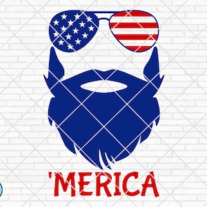 Könnte beinhalten: Ein blauer Bart mit einer amerikanischen Flagge auf der Sonnenbrille und dem Wort 'MERICA' darunter.
