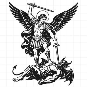 May include: A black and white graphic illustration depicting an archangel with large wings, wearing armour and a halo, standing over a fallen horned demon while holding a sword. The design features high contrast lines on a white grid background.