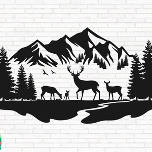 Escena de montañas de ciervos SVG, Escena al aire libre svg, Familia de ciervos svg, Ciervo del bosque svg, Paisaje svg, Buck y Doe svg, Archivos cortados, Cricut, Png, Svg