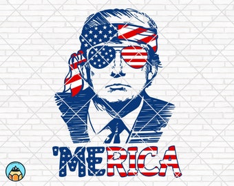 May include: A blue and white illustration of a person wearing a red, white, and blue bandana and sunglasses. The text 'MERICA' is written in red, white, and blue letters below the illustration.