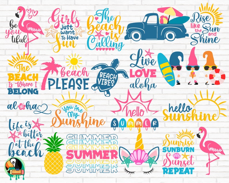K&ouml;nnte beinhalten: Eine Sammlung von farbenfrohen, digitalen Cliparts zum Thema Sommer mit S&auml;tzen wie "The Beach is Calling", "Beach Vibes", "You Are My Sunshine" und "Hello Summer". Die Cliparts enthalten auch Bilder von einem Flamingo, einem LKW, einer Ananas, einem Einhorn, einer Schildkr&ouml;te und Gnomen.
