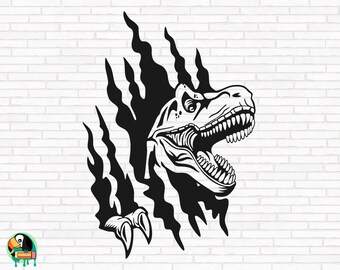 May include: Black and white illustration of a dinosaur head breaking through a brick wall. The dinosaur is roaring with its mouth open and teeth showing. The brick wall is cracked and broken.