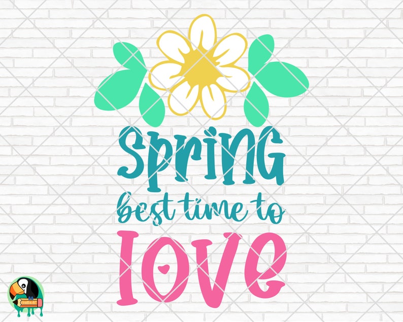 以下が含まれることがあります： 白いレンガの壁の背景に、ターコイズブルーと黄色の花柄と「Spring best time to LOVE」というピンク色のテキストが書かれています。