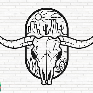 Czaszka krowy pustynia SVG, Czaszka krowy SVG, Longhorn SVG, Czaszka krowy kaktus SVG, Pliki do cięcia czaszki krowy pustynia, Cricut, sylwetka, Png, SVG, Eps, DXF