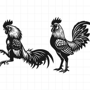May include: A black and white graphic illustration featuring two roosters. One rooster is depicted in a dynamic pose with one leg raised, while the other rooster stands in a profile position. Both birds feature detailed feather patterns and combs.