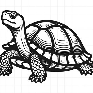 May include: A black and white graphic illustration of a turtle shown in profile, featuring bold lines and detailed shading on the shell and skin. The turtle is depicted with a textured, scaly pattern on its legs and a segmented, rounded shell.