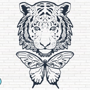 Tiger SVG - France Tigre avec le papillon SVG (fr) Fichier de coupe de tigre (fr) Visage animal Papillon svg - France Tiger Head svg - France Tiger Face svg png, dessin à la main