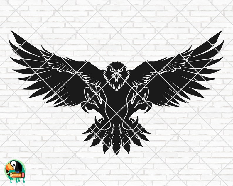 May include: Black silhouette of an eagle with its wings spread wide, talons extended, and a fierce expression on its face.