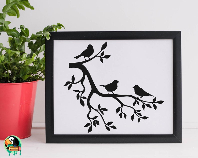 May include: Black and white silhouette of three birds perched on a branch with leaves. The birds are facing different directions. The image is on a white background.