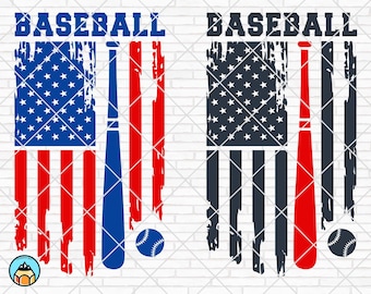 May include: A distressed American flag design with a baseball bat and ball. The flag is red, white, and blue with a distressed look. The baseball bat is blue and the ball is white with red stitching. The text "BASEBALL" is at the top of the image.