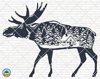 Moose svg / Winter Moose svg / Mountain Moose svg / Moose Clipart / Moose Silhouette / Mountains svg / Silhouette Files / Moose svg files