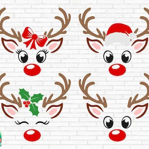 Reindeer Faces SVG, Rudolph Face svg, Girl Reindeer svg, Boy Reindeer svg, Cut Files, Cricut, Silhouette, Png, Svg, Eps, Dxf