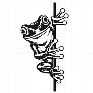 May include: A black and white graphic illustration of a frog peeking from behind a vertical black line. The frog is depicted with large, prominent eyes, a wide mouth, and detailed webbed feet gripping the edge of the vertical line.