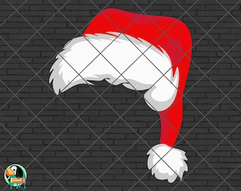 May include: A red and white Santa hat with a fluffy white trim. The hat is against a black brick wall background.