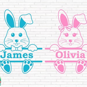 May include: Two Easter bunny silhouettes, one blue and one pink, holding a sign with the names "James" and "Olivia" written on them.