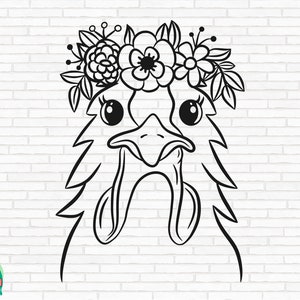 Poulet avec couronne de fleur SVG, visage de poulet svg, poulet fleur svg, poulet floral svg, fichiers coupés, cricut, silhouette, png, svg, eps, dxf