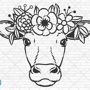 花の冠をつけた牛 SVG 牛 SVG ファイル 動物の顔 花の冠 頭に花をつけた牛 かわいい牛 SVG 農場の動物 png dxf Cricut シルエット