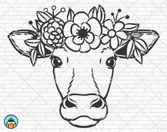 Cow with Flower Crown Svg Cow Svg file Animal Face Floral Crown Cow with Flowers on Head Cute Cow Svg Farm Animals png dxf Cricut Silhouette