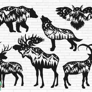 Mountain Animals Bundle SVG, Wilderness svg, Outdoors svg, Bear svg, Moose svg, Wolf svg, Owl svg, Deer svg, Cut Files, Cricut, Png, Svg