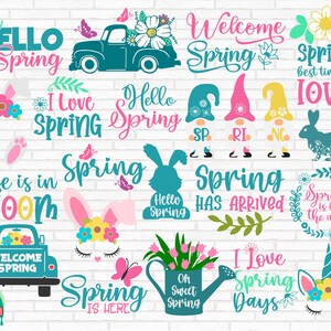 K&ouml;nnte beinhalten: Eine Sammlung von 18 digitalen Clipart-Bildern zum Thema Fr&uuml;hling mit Hasen, Gnom, LKW, Blumen und Textphrasen wie "Hello Spring", "Spring Has Arrived" und "Life is in Bloom".