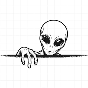 Pode incluir: Uma ilustração gráfica a preto e branco de um alienígena com uma cabeça grande, lisa e oval, e olhos escuros em forma de amêndoa. O alienígena é retratado a espreitar por cima de uma linha horizontal, com uma mão sobre a borda.