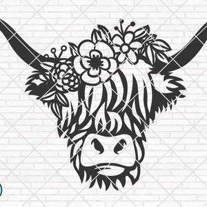 Highland Cow Svg, Cow Svg, Heifer Svg, Mucca corona floreale con fiori sulla testa Mucca carina Svg Animali da fattoria png dxf Cricut Silhouette