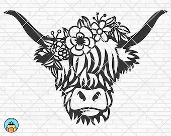 Highland Cow Svg, Cow Svg, Heifer Svg, Floral Crown Cow with Flowers on Head Cute Cow Svg Farm Animals png dxf Cricut Silhouette