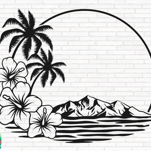 Hawaiian Flower Scene SVG, Palm Tree svg, Hawaii svg, Aloha svg, Tropical Frame svg, Hibiscus svg, Beach svg, Cut Files, Cricut, Png, Svg
