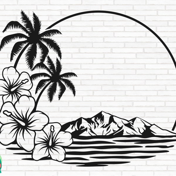 Hawaiian Flower Scene SVG, Palm Tree svg, Hawaii svg, Aloha svg, Tropical Frame svg, Hibiscus svg, Beach svg, Cut Files, Cricut, Png, Svg