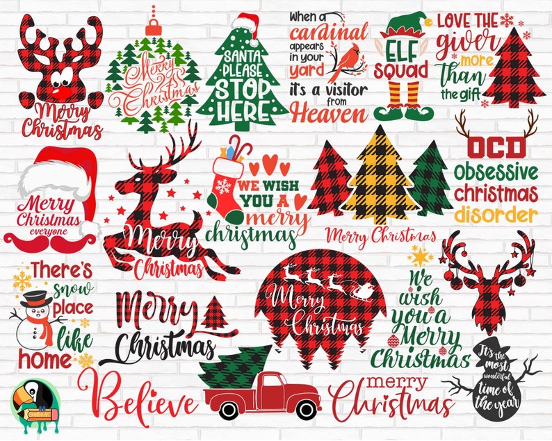 K&ouml;nnte beinhalten: Eine Sammlung von 18 weihnachtlichen Designs mit rot-schwarzem Buffalo-Karo-Muster. Die Designs beinhalten S&auml;tze wie "Frohe Weihnachten", "Wir w&uuml;nschen dir ein frohes Weihnachtsfest", "Liebe den Geber mehr als das Geschenk" und "Zwanghafte Weihnachtsst&ouml;rung".