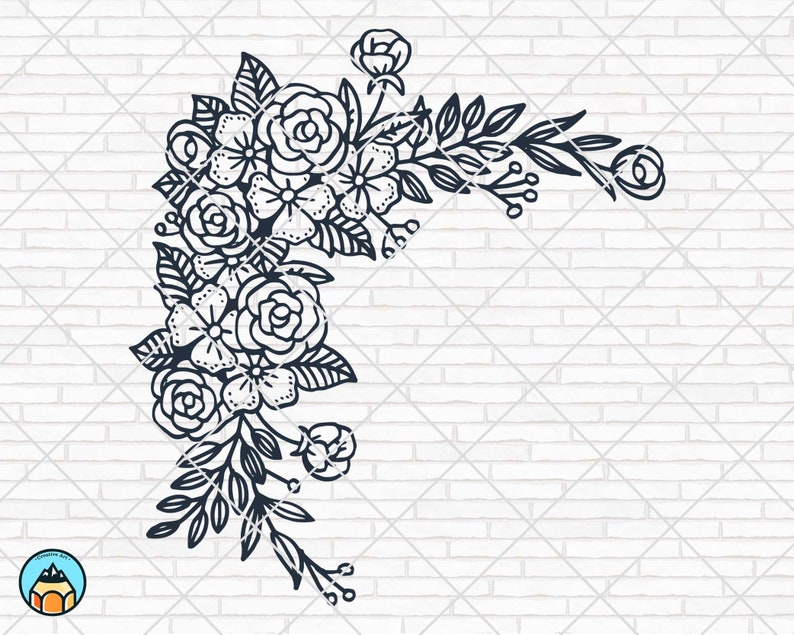 May include: A black and white floral corner design featuring roses, small flowers, and leaves. The design is a detailed illustration, perfect for crafting projects or digital art. The image is set against a white brick wall background.