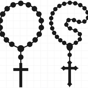 May include: A black silhouette graphic featuring two rosaries. The left rosary is circular with a simple cross. The right rosary is shaped into the letter G, featuring a cross with pointed edges at the bottom. Both designs are solid black.