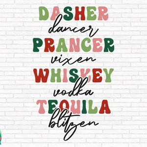 Puede incluir: Una pared de ladrillo blanco con los nombres de los renos de la canción "Rudolph, la nariz roja" escritos en letras de colores. Los nombres son Dasher, Dancer, Prancer, Vixen, Whiskey, Vodka, Tequila y Blitzen.