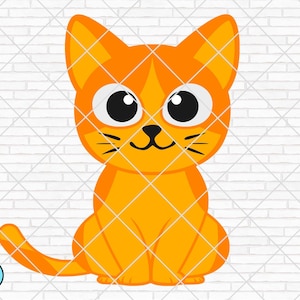 May include: A cartoon illustration of an orange cat with big eyes and a friendly smile. The cat is sitting with its tail curled around its legs.