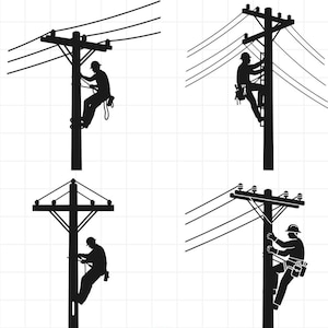 Op de afbeelding: Een set van vier zwarte silhouetten die elektriciens tonen tijdens onderhoudswerkzaamheden aan houten elektriciteitsmasten. Elke afbeelding toont een werker met een helm en gereedschapsgordel, gepositioneerd op de mast bij de stroomkabels.