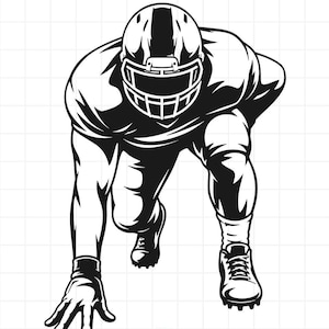 May include: A high-contrast black and white graphic illustration of an American football player in a three-point stance. The player wears a helmet with a face mask, a jersey, shorts, and cleats, captured in a forward-leaning athletic position.