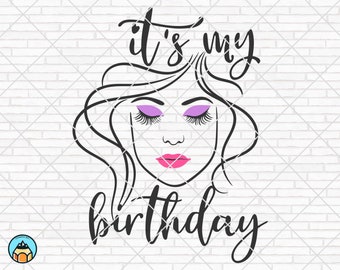 Puede incluir: Ilustración en blanco y negro de la cara de una mujer con los ojos cerrados y labios rosas. El texto "it's my birthday" está escrito en una fuente decorativa.