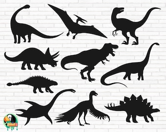 May include: Silhouettes of various dinosaurs, including a Tyrannosaurus Rex, Triceratops, Stegosaurus, Brachiosaurus, and Pterodactyl. These black and white images are ideal for crafting, scrapbooking, or digital design projects.
