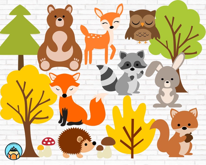 May include: A set of 10 colorful cartoon woodland animal illustrations, including a bear, deer, owl, raccoon, rabbit, fox, hedgehog, and trees. The illustrations are perfect for creating crafts, cards, and other projects.