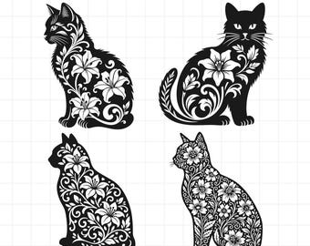 Könnte beinhalten: Ein Set aus vier schwarz-weißen grafischen Illustrationen von sitzenden Katzen. Jede Katzensilhouette ist mit komplexen weißen Blumenmustern gefüllt, darunter lilienartige Blüten und geschwungene Blattmotive, vor einem weißen Rasterhintergrund.