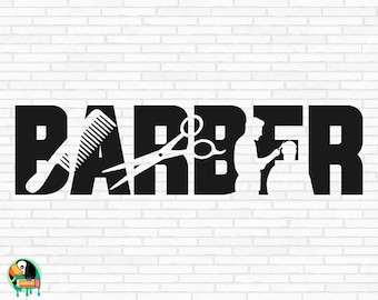 May include: Black and white silhouette design of the word "BARBER" with a comb and scissors in the "A" and a barber cutting hair in the "B".