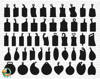 May include: A set of 45 black cutting board SVG files, featuring a variety of shapes and sizes, including rectangular, oval, heart, and leaf shapes.