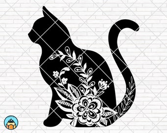 Floral Cat svg, Flowers Cat svg, Cat svg, Wildflower Cat svg, Mandala Cat svg, Papercut Template svg, cricut, silhouette, cut file, PNG
