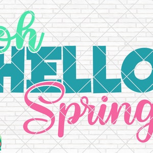 以下が含まれることがあります： 白いレンガの壁の背景に、ターコイズとピンクの文字で「Oh Hello Spring」と書かれています。
